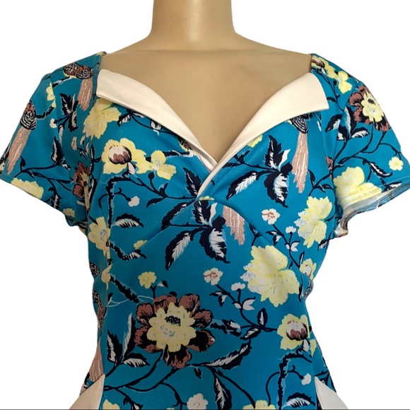 Vintage Blue and Yellow Sheath Midi Dress with Sweetheart Neckline - Picture 5 of 9